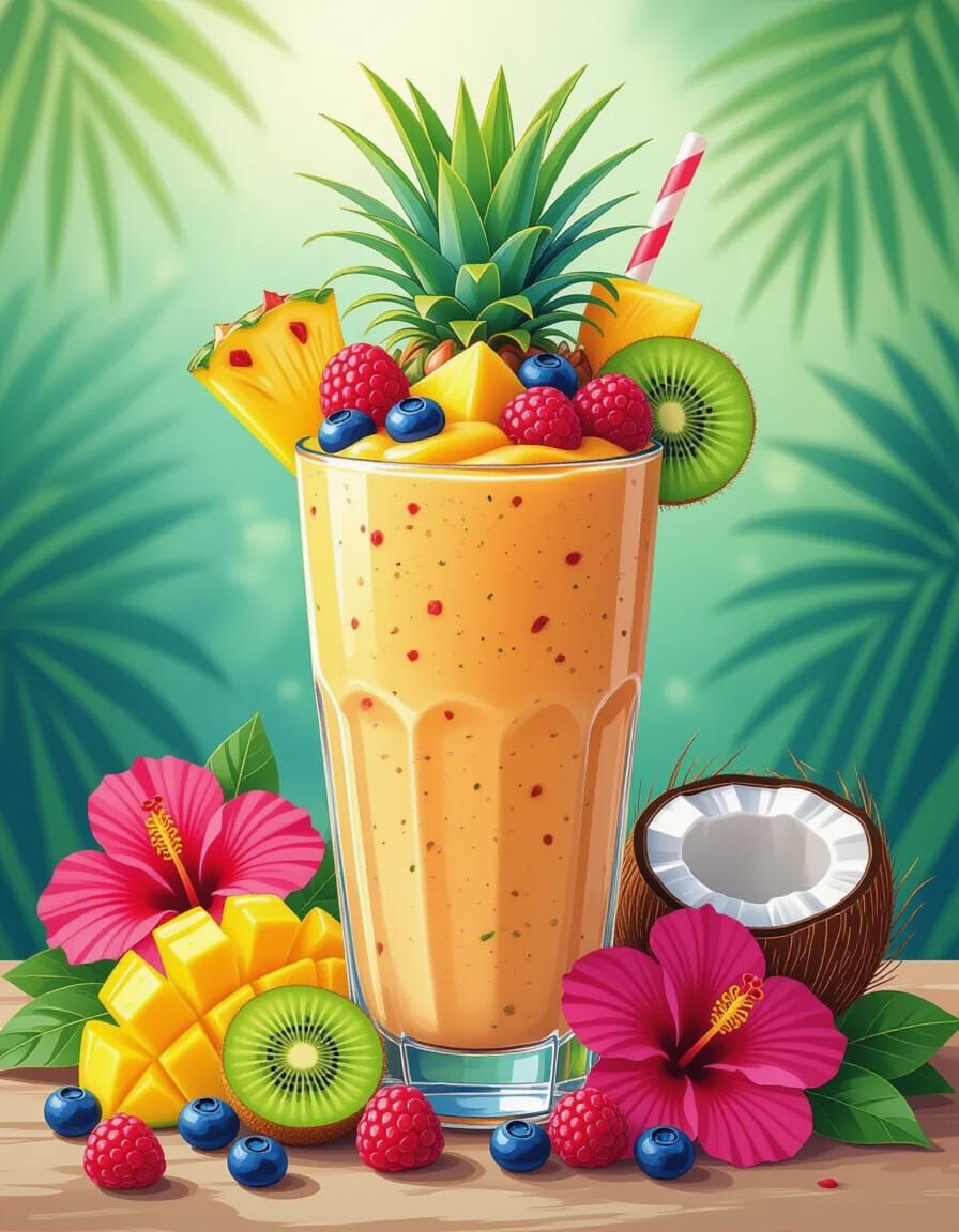 Tropical Fruit Smoothie Digital Painting with Watercolor Tex...