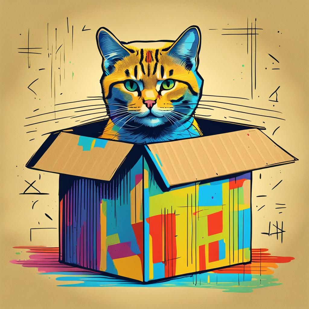 Funny Cat Squeezing into Box in Pop Art Style