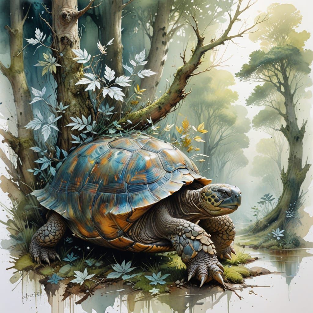 Ancient Tortoise Beneath Wishing Oak: Watercolour Art