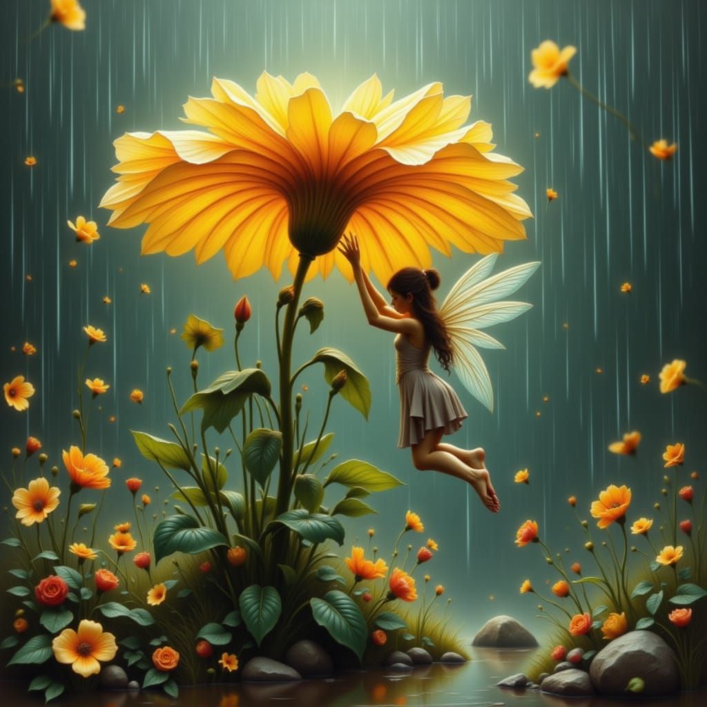 Fairy Sheltering from Rain Under Flower