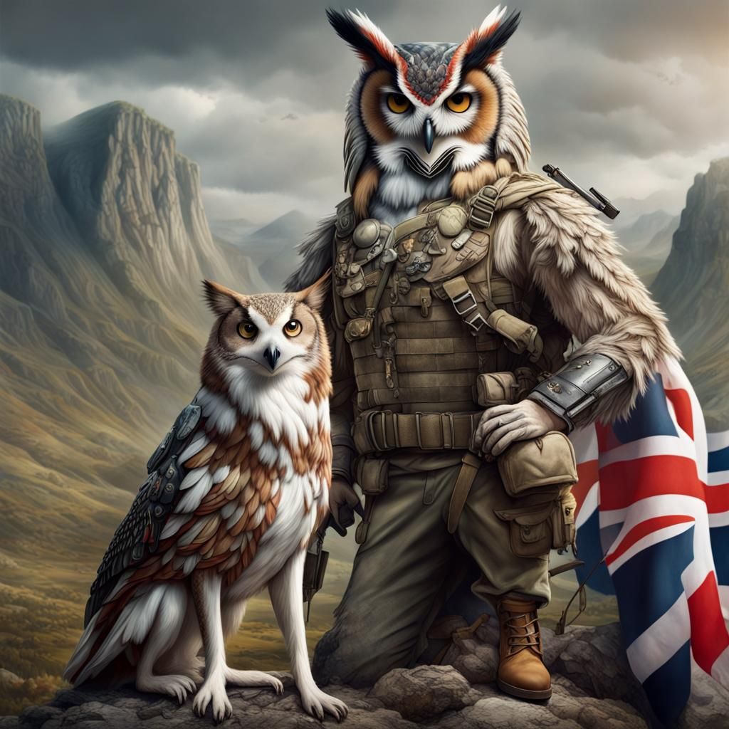 Owl in Military Dress Rides Beast in Landscape