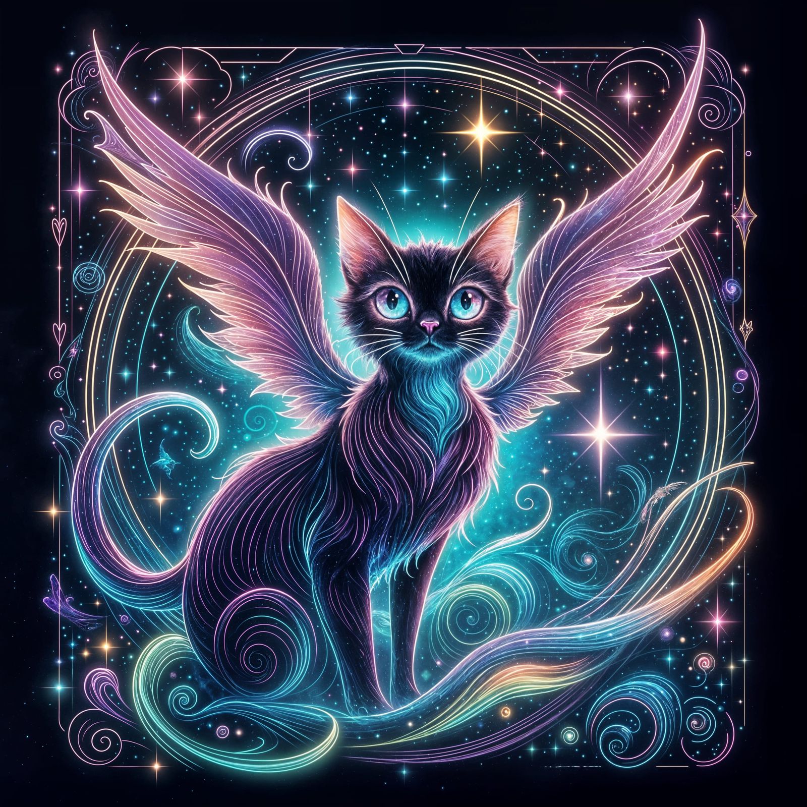 Fantastical Winged Cat in Celestial Nebula