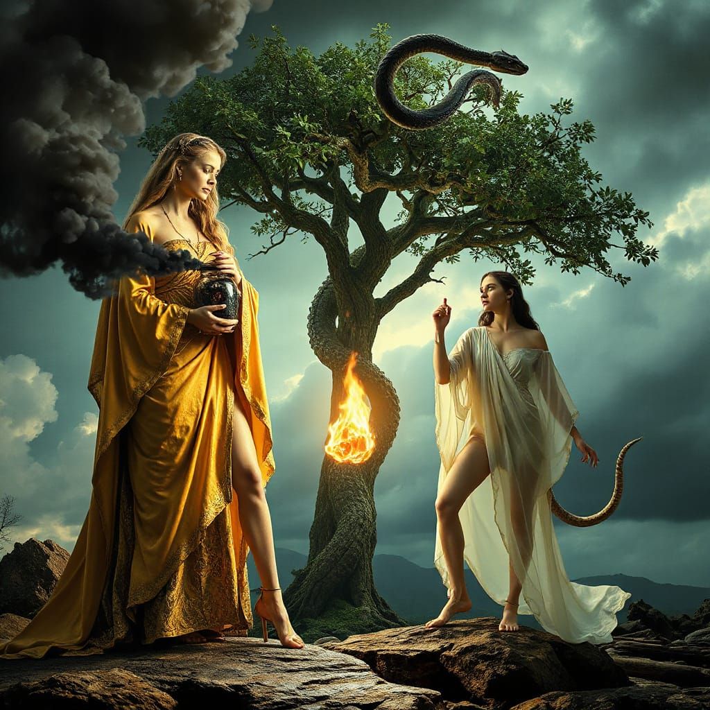 Pandora and Eve: Symbolic Realms in Dramatic Lighting