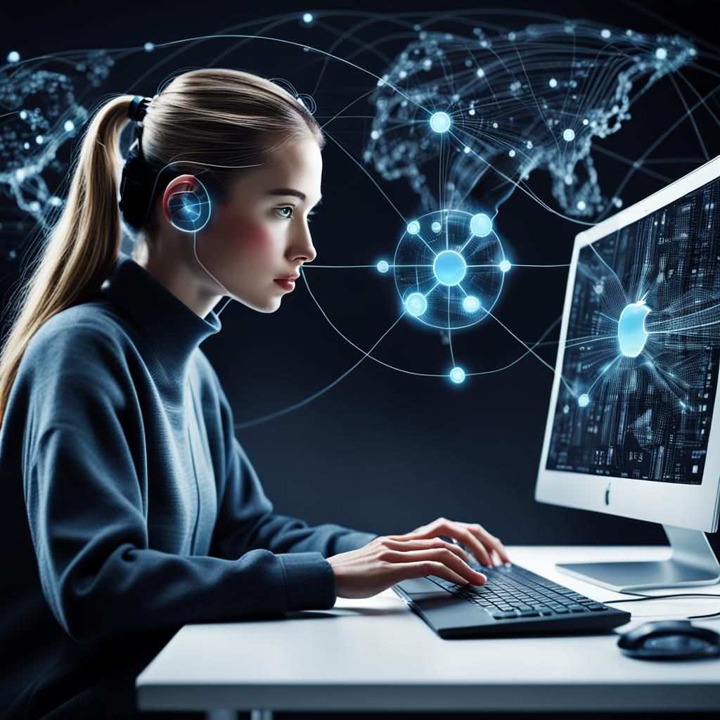 Woman Analyzing Data on Apple Computer in Cyberspace