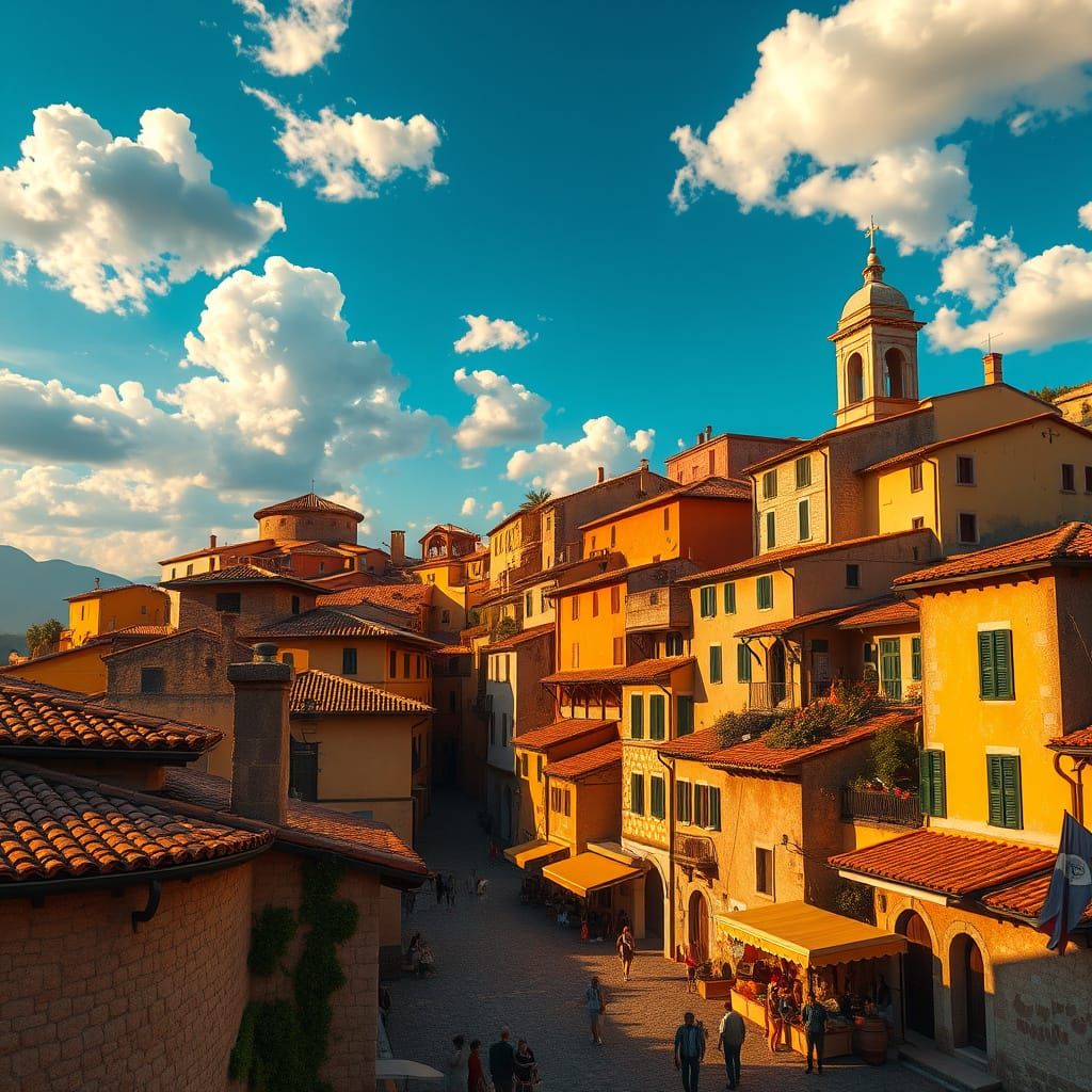 Surreal Italian Village Scene Under Warm Golden Light