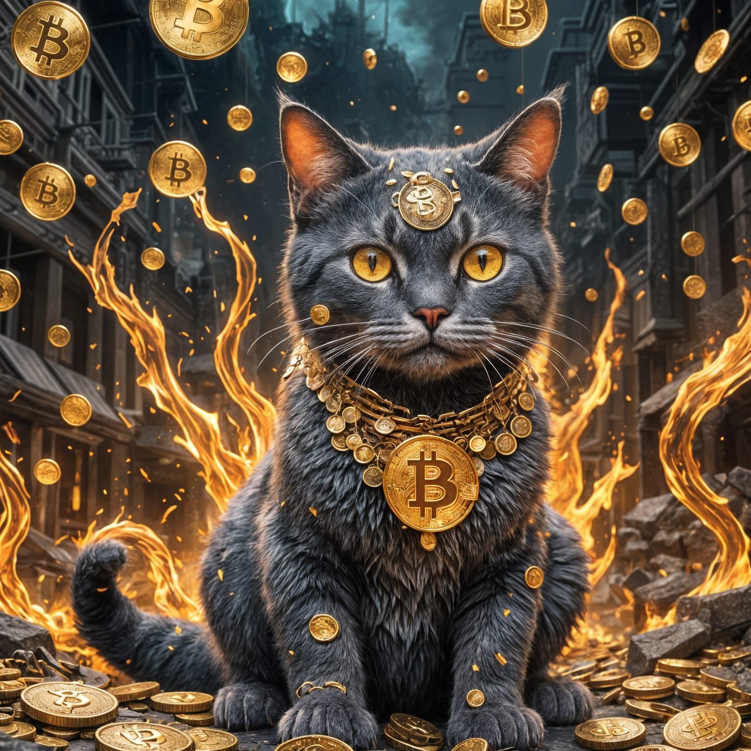 Cyberpunk Cat Made of Bitcoins in a Fiery Inferno