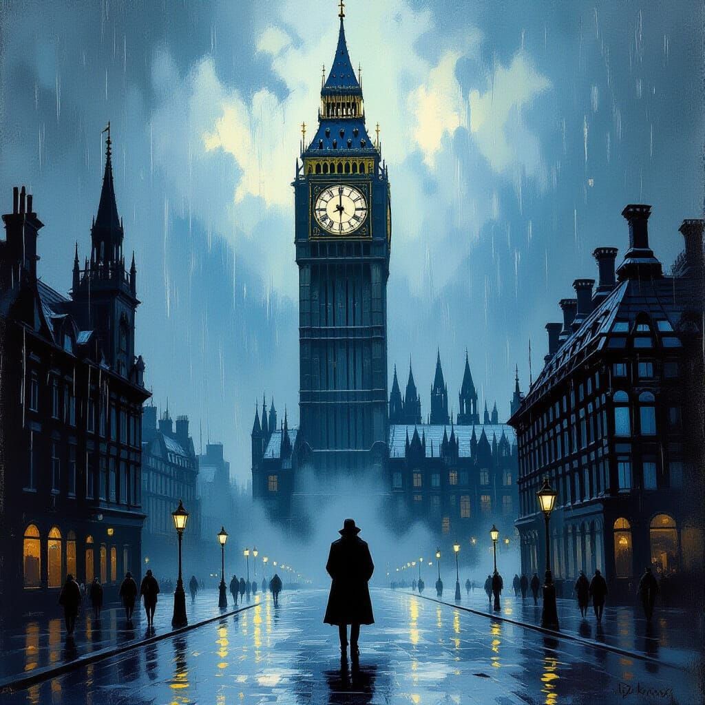 Ethereal Clock Tower in Stormy Cityscape