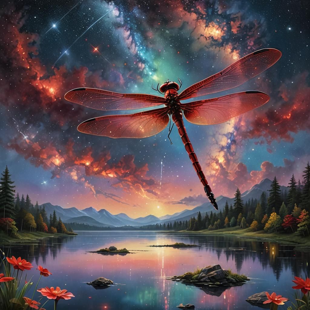 Red Dragonfly Shimmers Under Milky Way Night Sky
