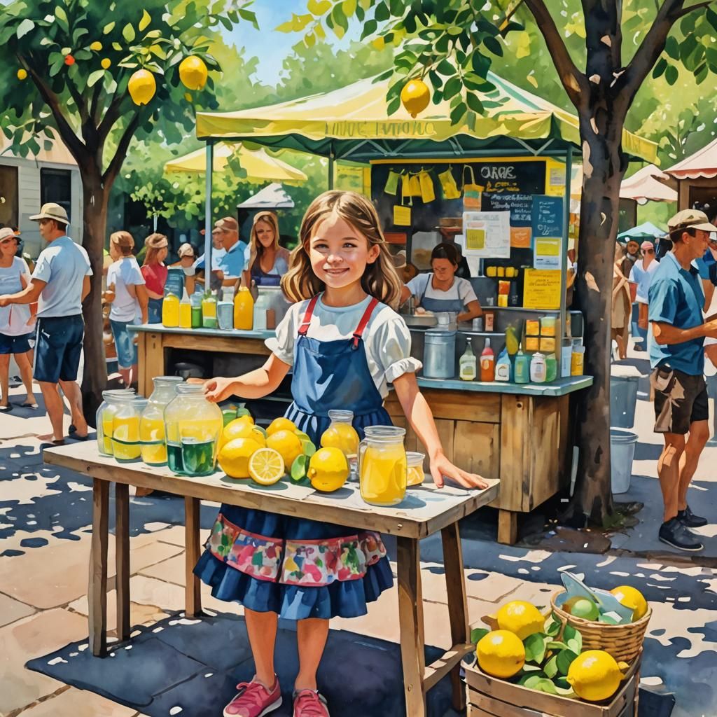 Little Girl's Colorful Lemonade Stand: Gouache Watercolor Pa...