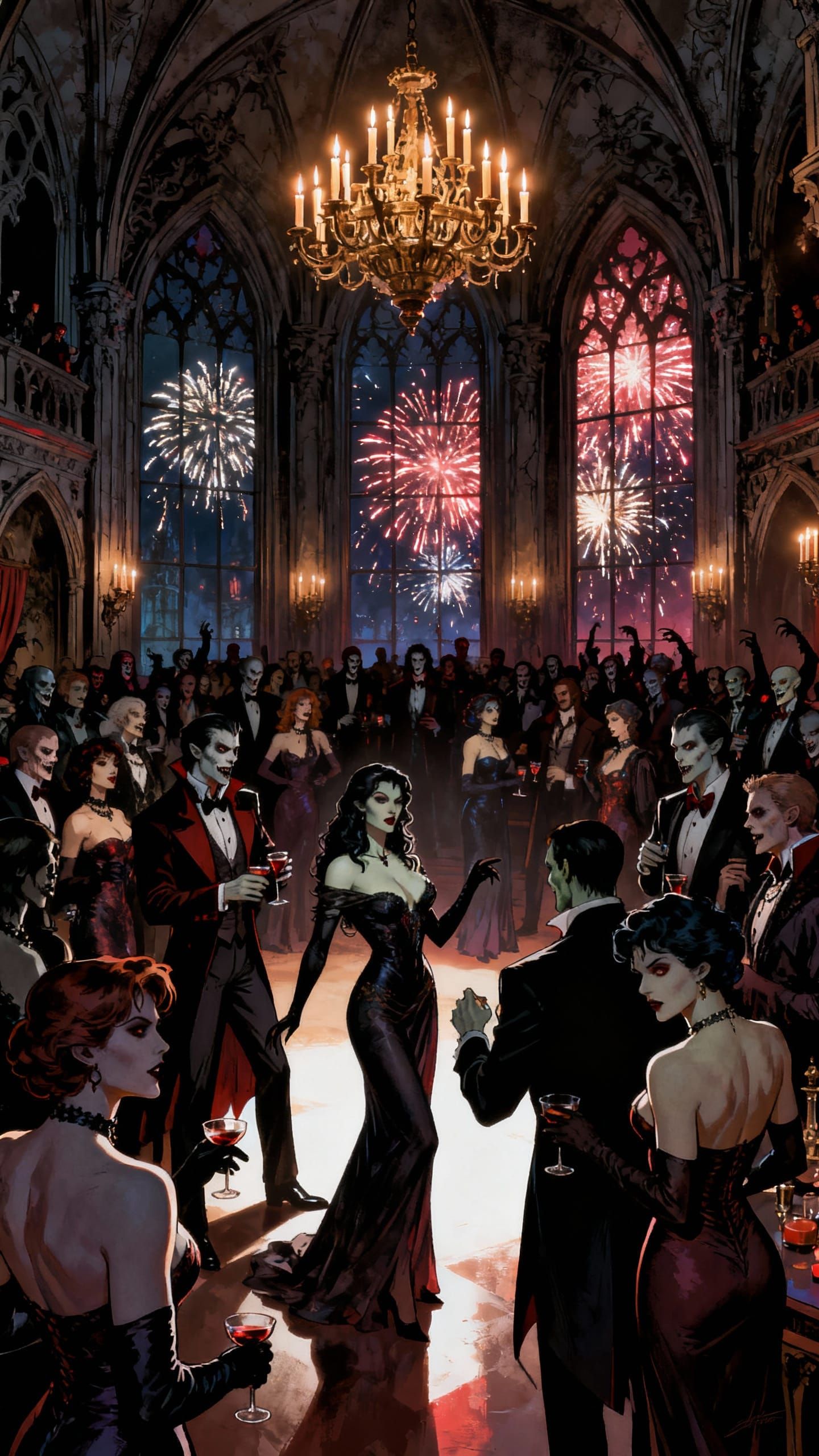 Gothic Ballroom Vampire Celebration with Fireworks
