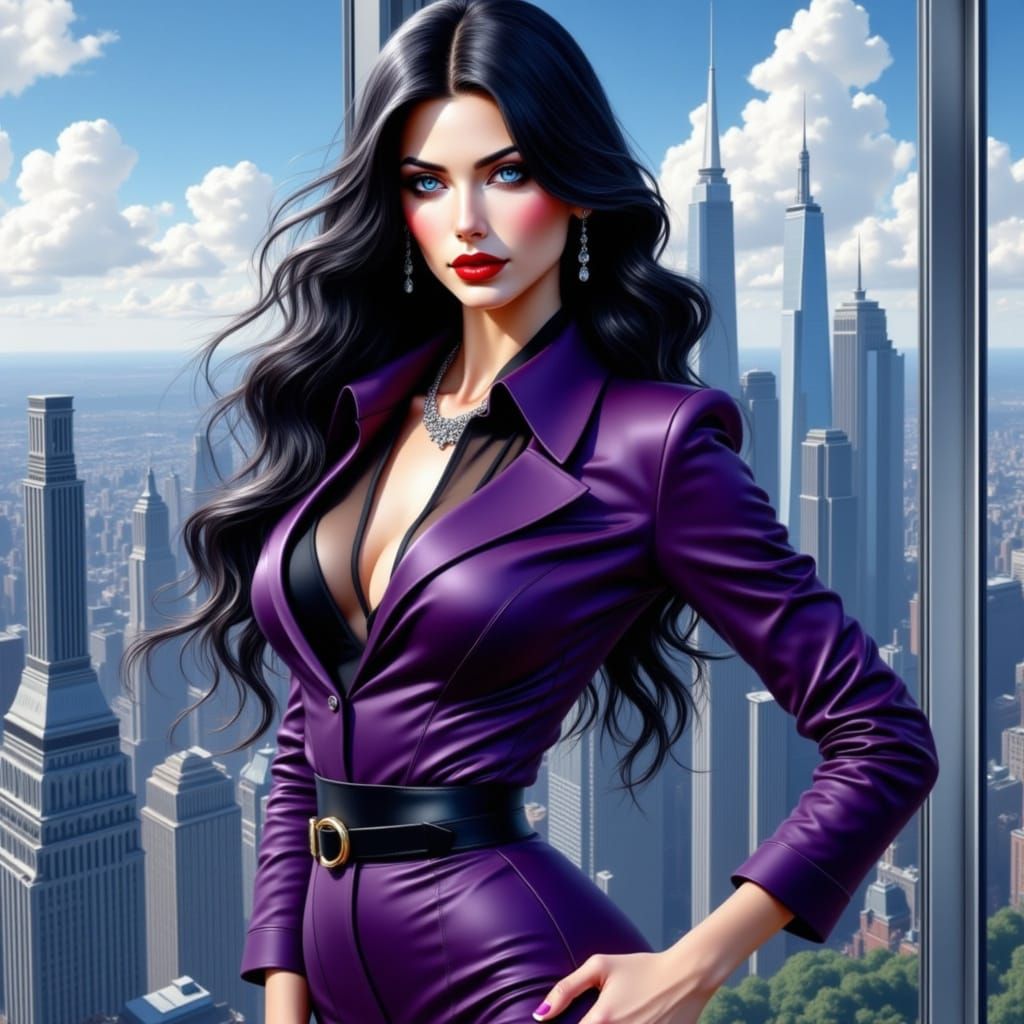 Confident Businesswoman in Elegant Purple Tulle Suit