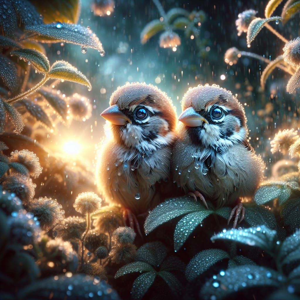 Sparrows with Sparkling Blue Eyes in Dew-Kissed Garden