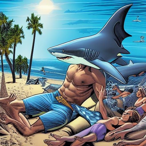 Sharks Sunbathing on Beach in Comic Book Style