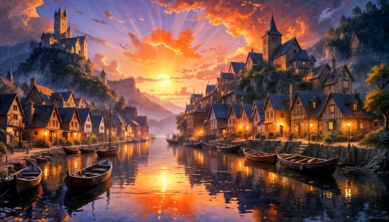 Fantastical Medieval Town at Sunset, Riverboats