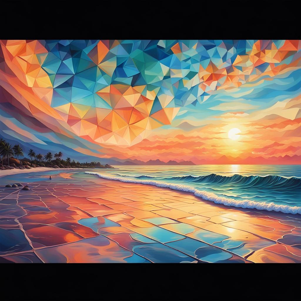Surreal Sunset Beach in Modern Oil Painting Style