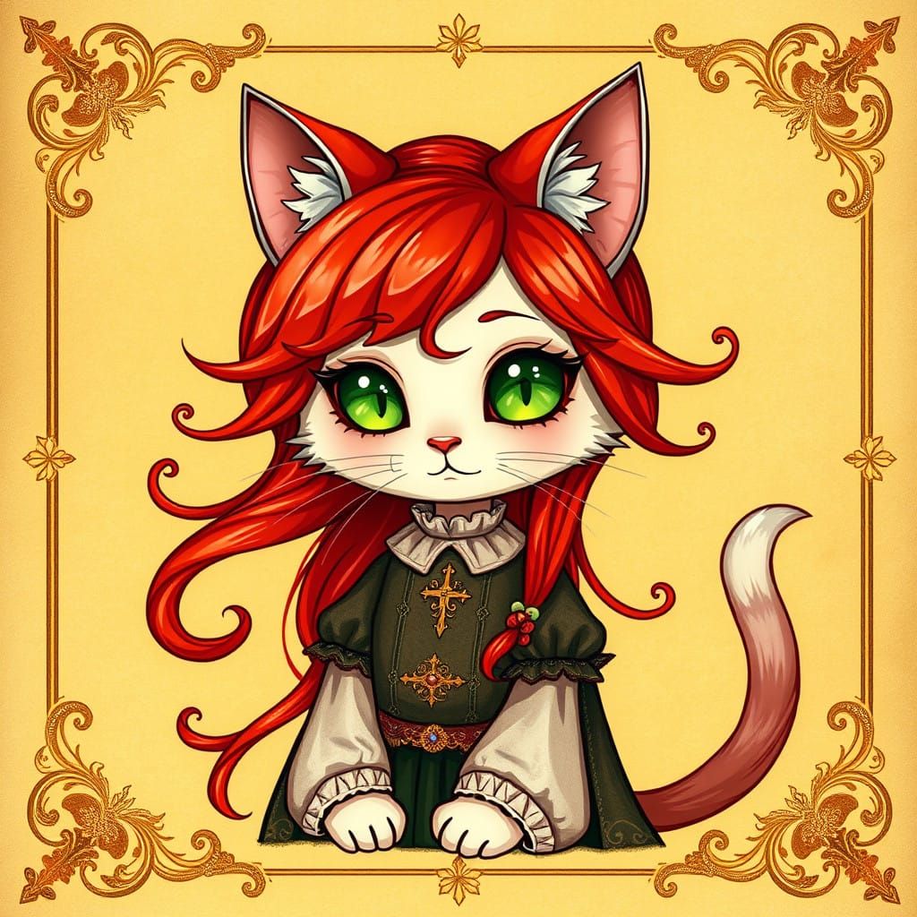 Whimsical Kawaii Catgirl Illuminated in Medieval Style