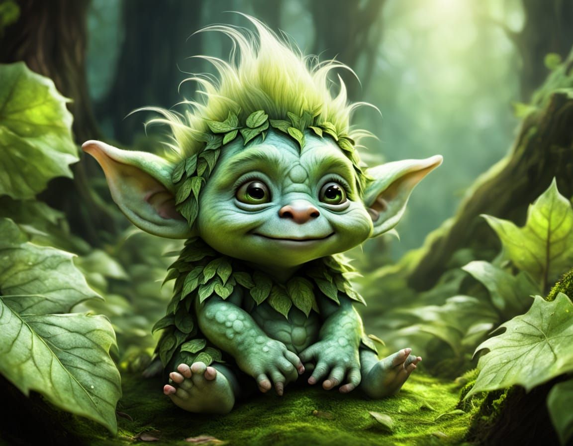 Whimsical Baby Troll on Leaf in Fantasy Art