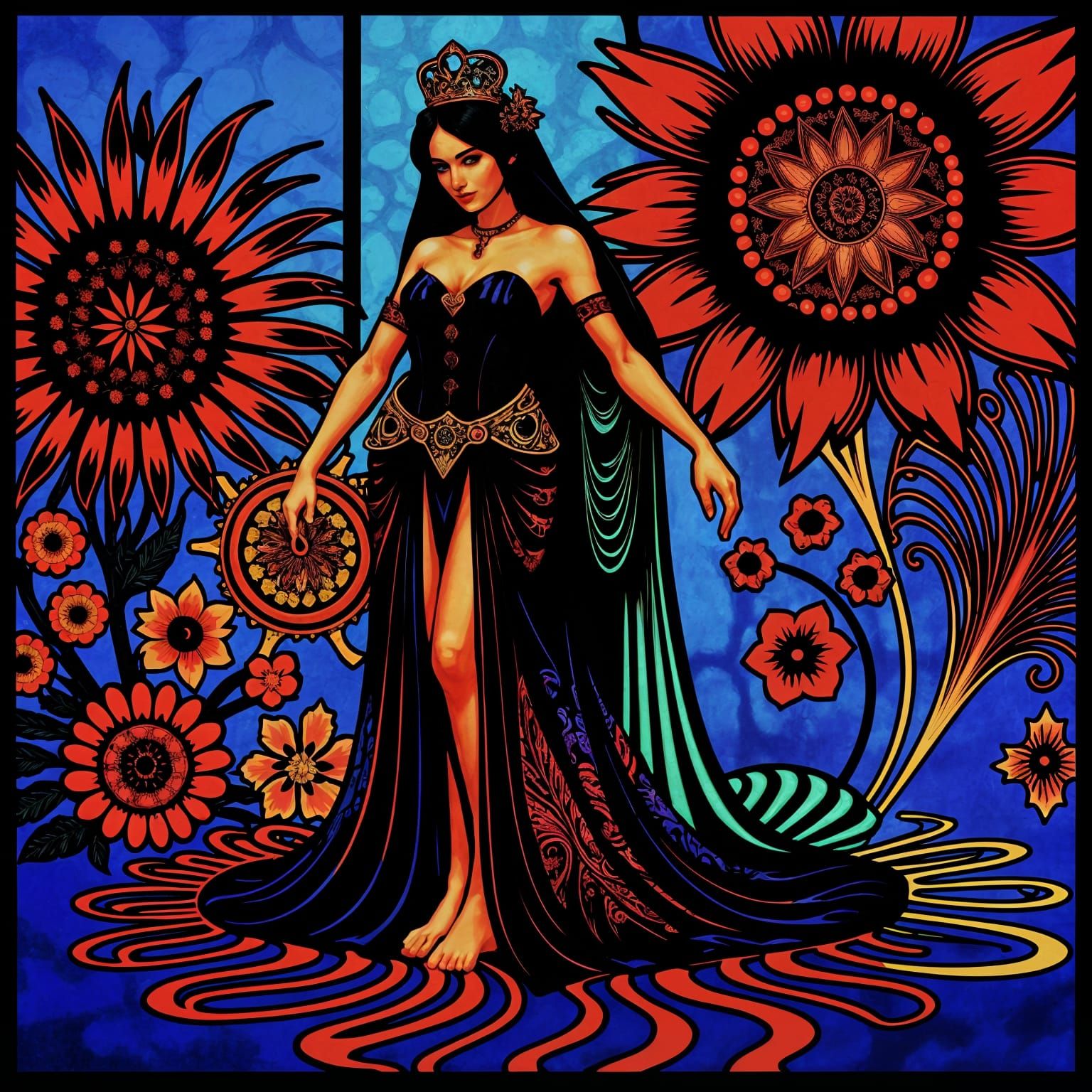 Psychedelic Neon Medieval Figure in Blacklight Poster Style