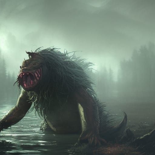 River Troll Stalks Prey: Dark Fantasy Concept Art