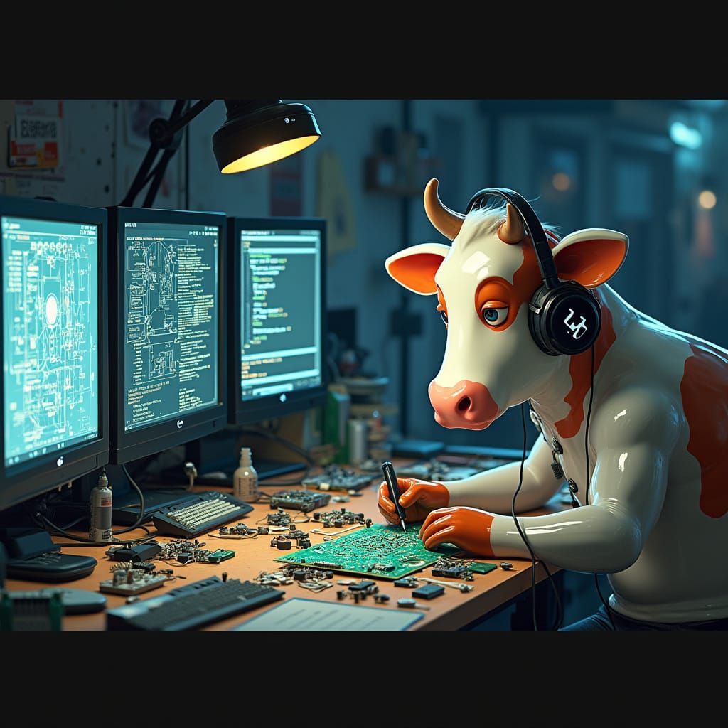 Cow in Cyberpunk Workspace, Soldering PCB Board with Wireles...
