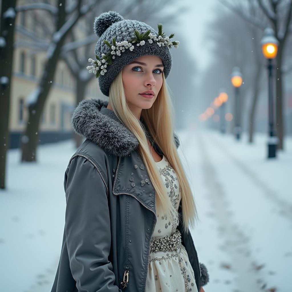 Winter Queen in Snowy Moscow Scene
