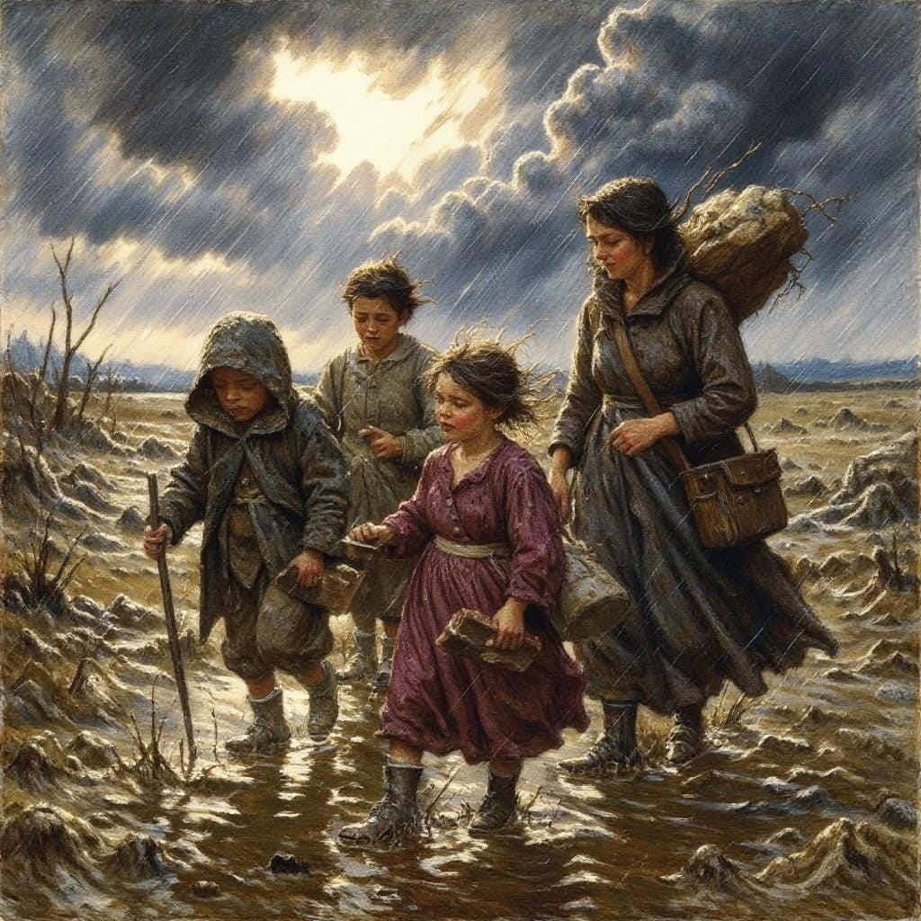 Stormy March: Children in a Muddy Field, Gouache Style