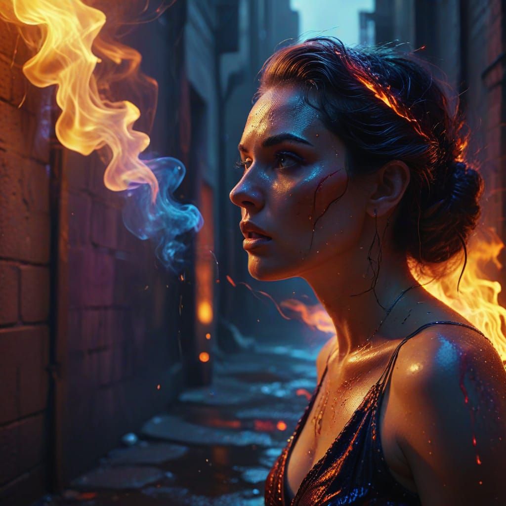 Surreal Goddess Arguing in Dark Alley: Oil Painting