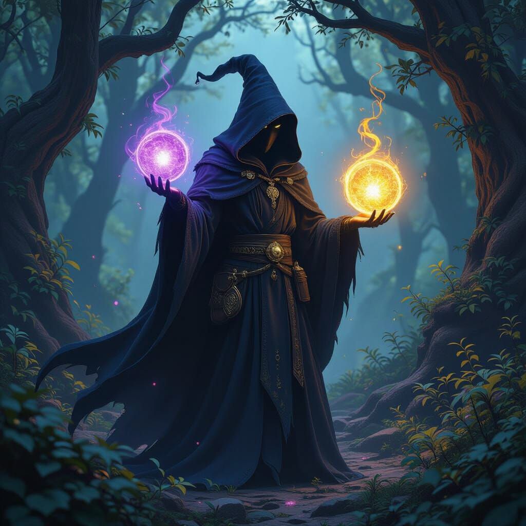 Dark Wizard Holds Magic Orb in Mystical Forest