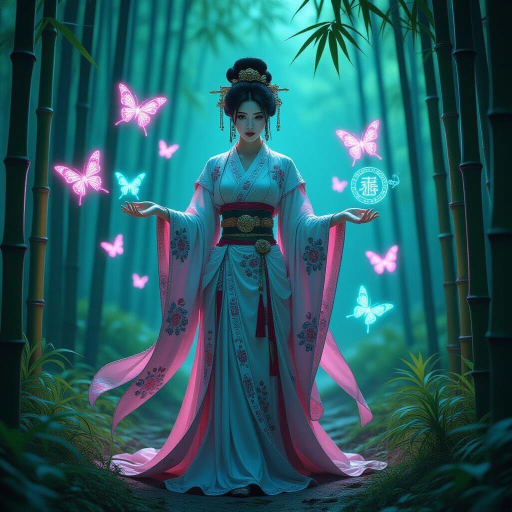 Chinese Goddess in Neon Bamboo Forest, Cyberpunk Art