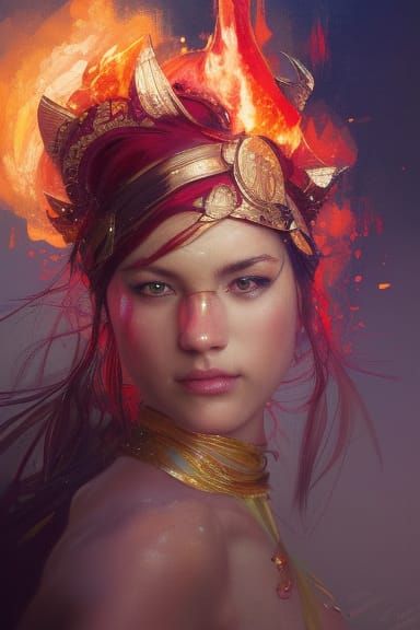 Dynamic Fire Dancer Portrait in Art Nouveau Style