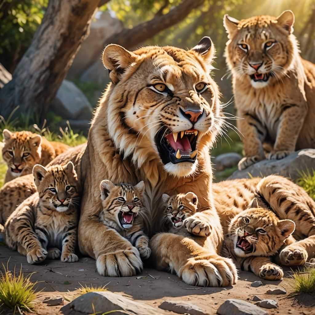 Vibrant Saber-Tooth Cat Protecting Cubs in Sunshine