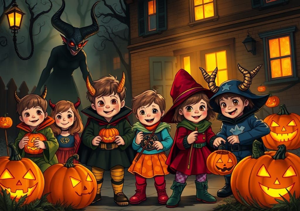 Kids Trick-or-Treat Watched by Demon in Pulp Art Style