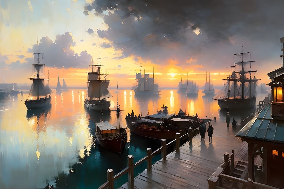 Medieval Dock Sunset: Digital Oil Painting