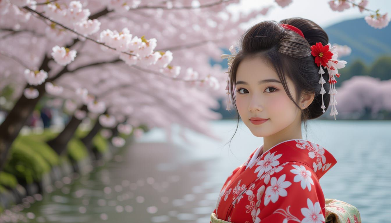 Traditional Japanese Girl by Cherry Blossom Lake
