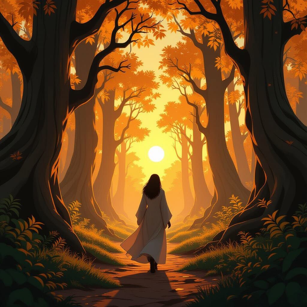 Woman Walks Through Ancient Forest in Cinematic Style