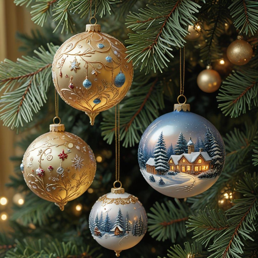Whimsical Christmas Ornaments in a Cozy Evergreen Setting