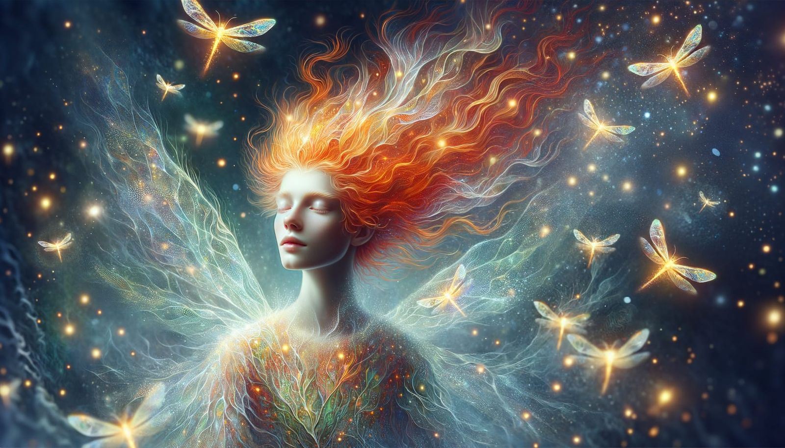 Ethereal Forest Nymph with Fireflies and Red Hair