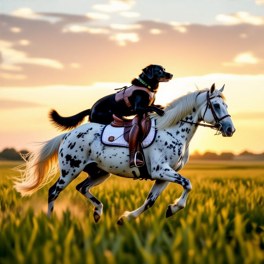 Labrador Rides Galloping Arabian Horse at Dawn