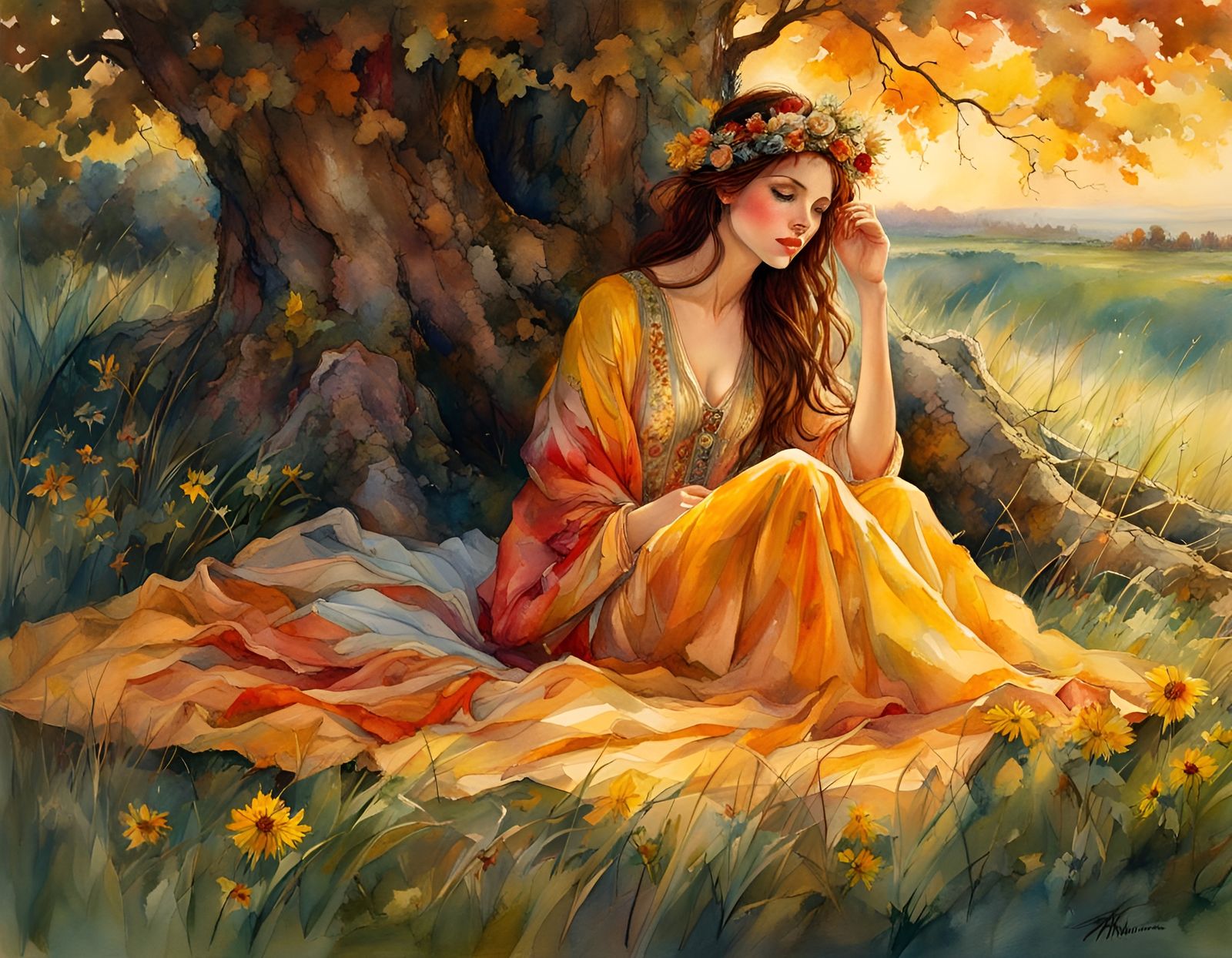 Woman in Meadow, Loose Watercolor Style Sunset