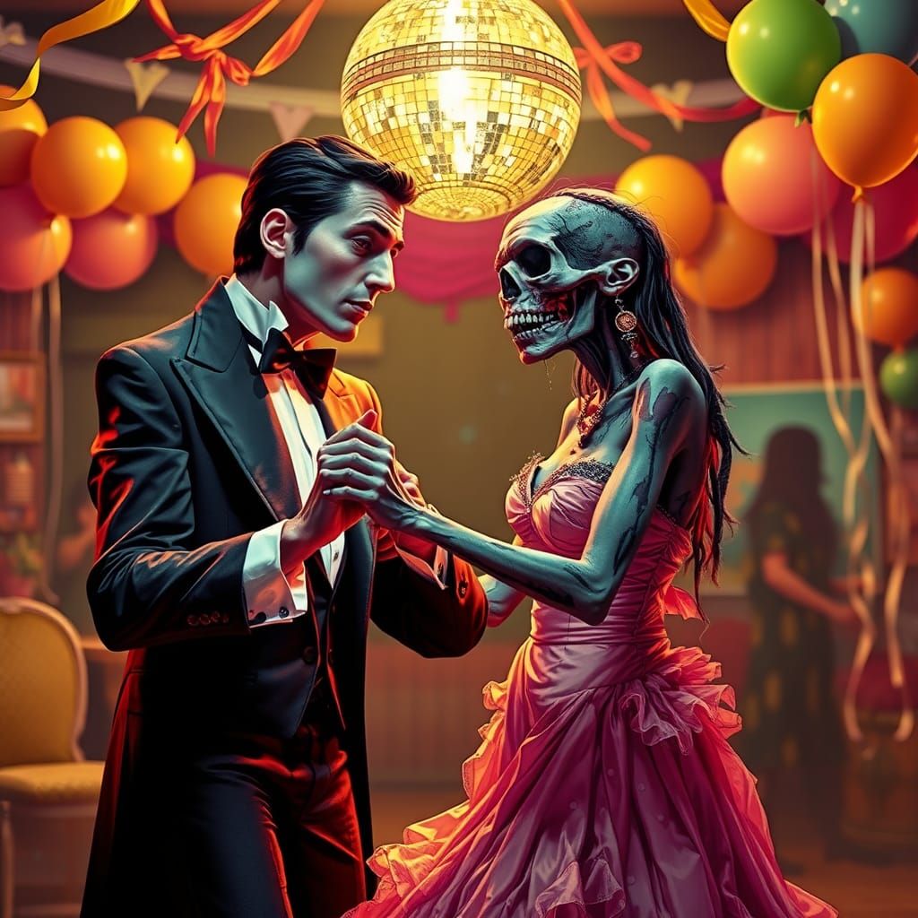 A vampire and a zombie slow dancing under a disco ball, surrounded by streamers and balloons