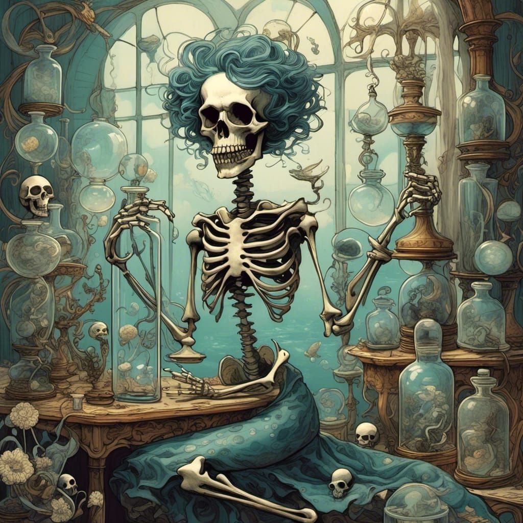 <lora:Dark Whimsy:1.0>Mermaid Skeleton in a glass A glass bottle Next to a fairy pinned to a board art deco Poster art G...