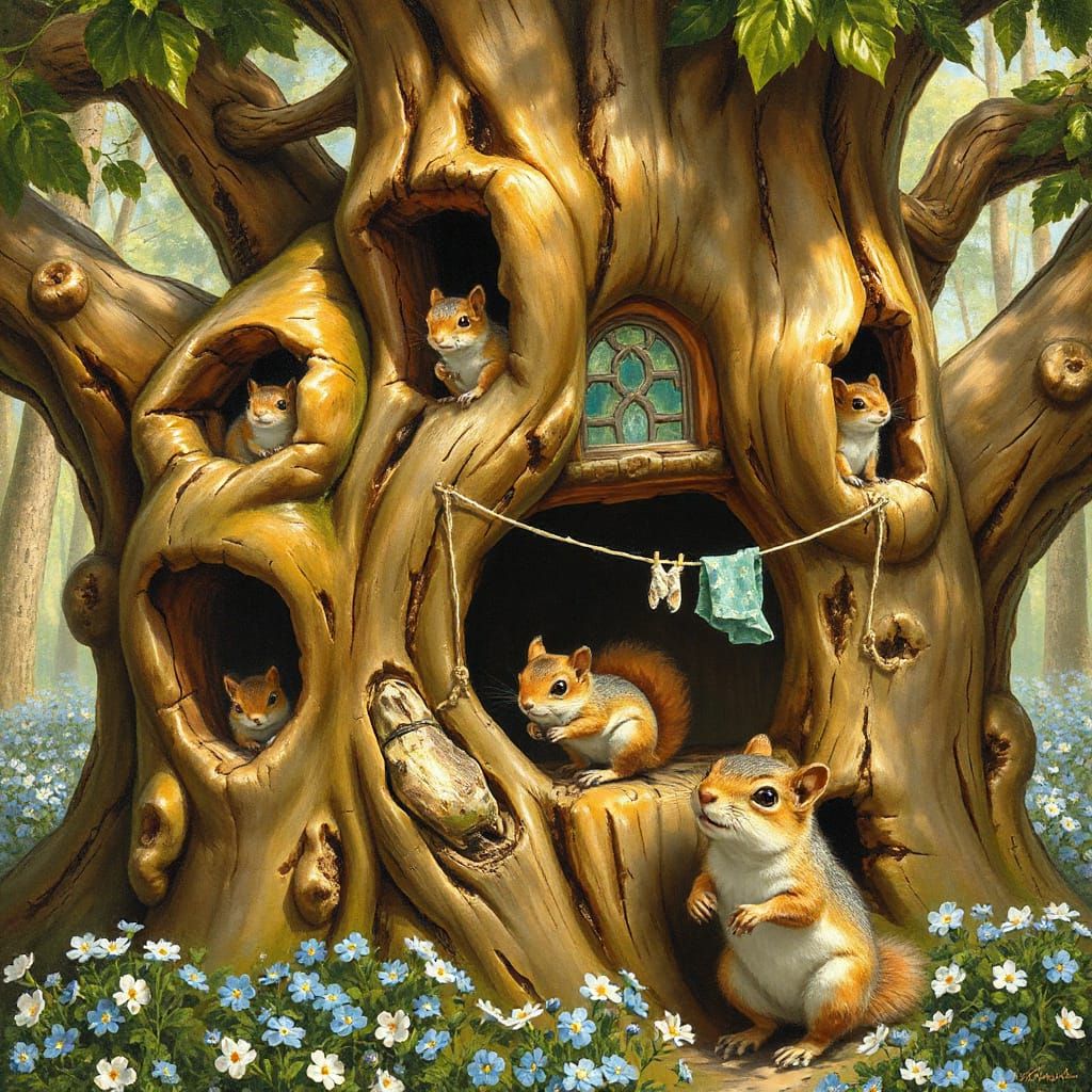 Squirrels in a Whimsical Oak Tree Sanctuary