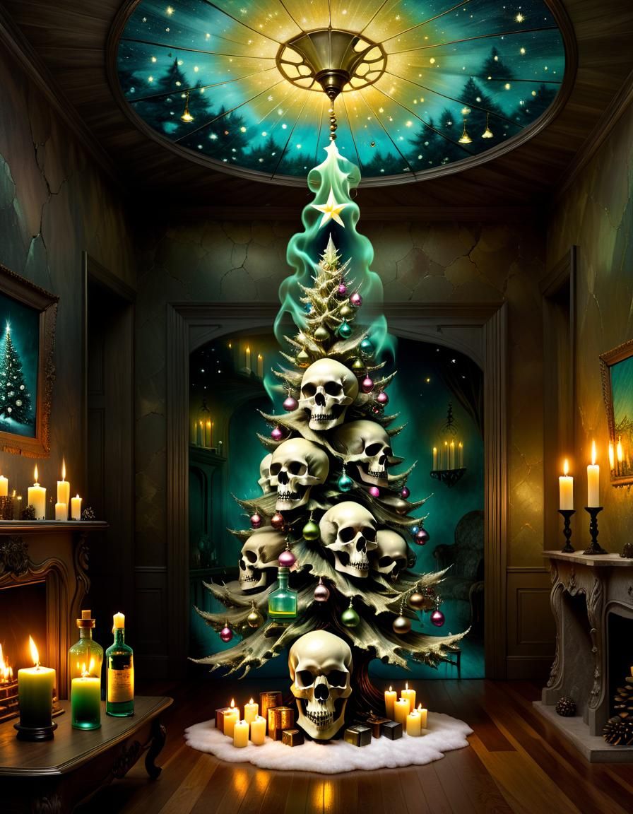 Surreal Christmas Tree with Poison, Oil on Canvas