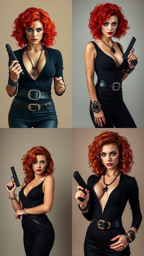 Confident Woman with Red Hair and Gun