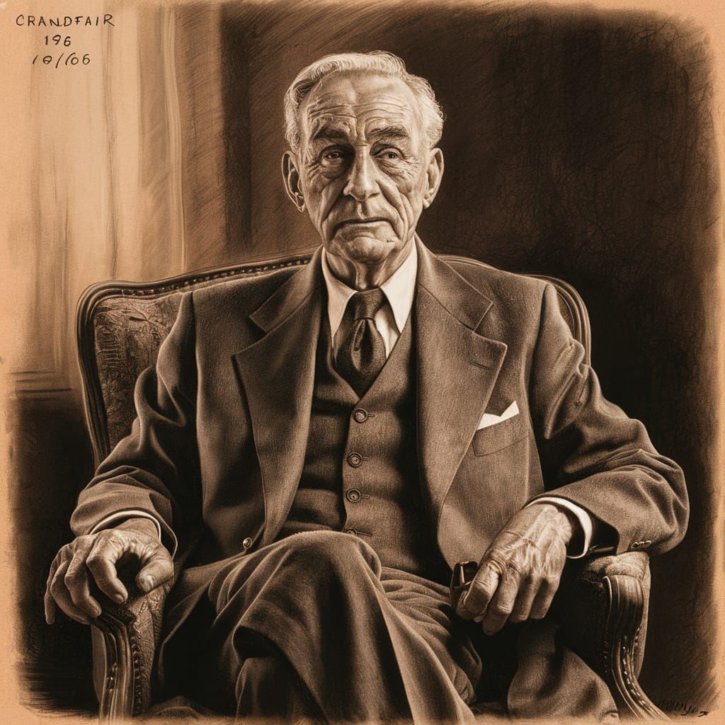 Detailed Charcoal Portrait of an Elderly Man in 1970s Style