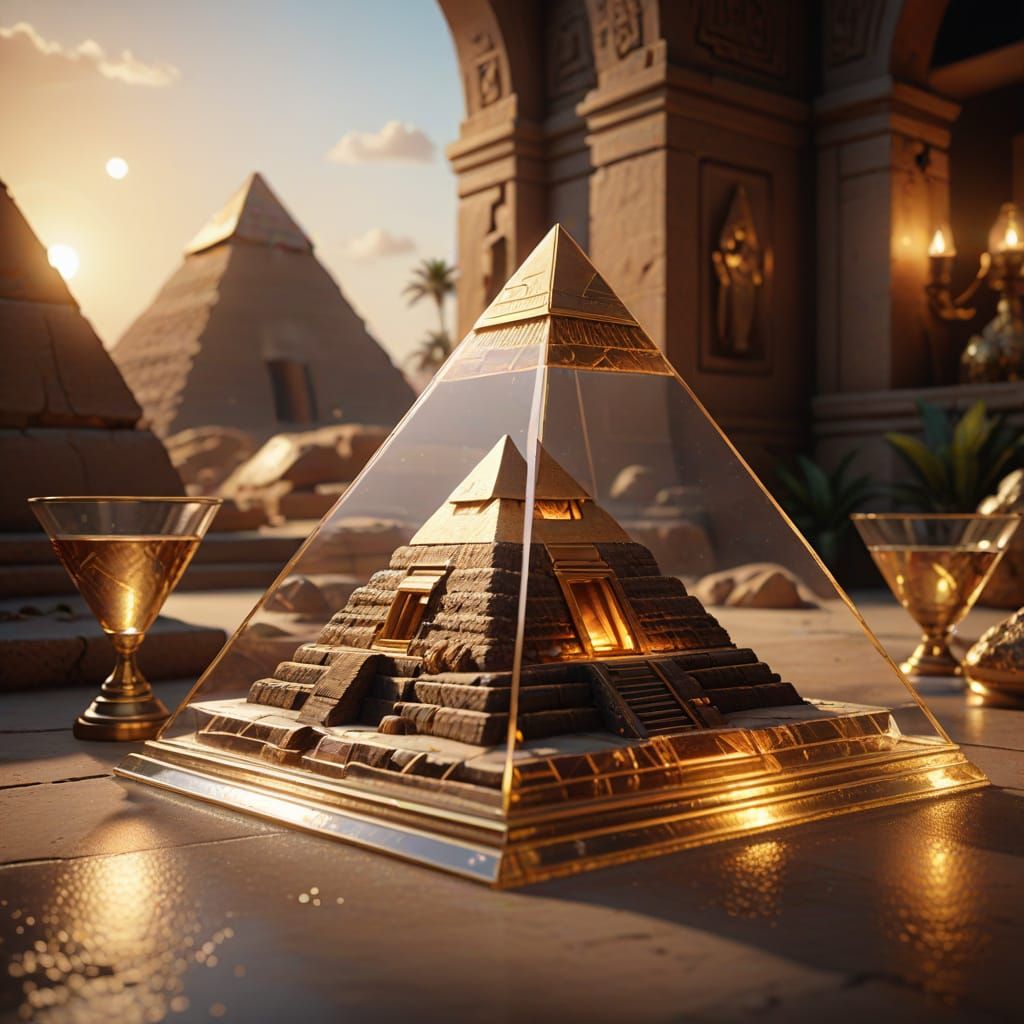 Hyper-realistic 3D art. Medium shot transparent glass pyramid and sphinx
