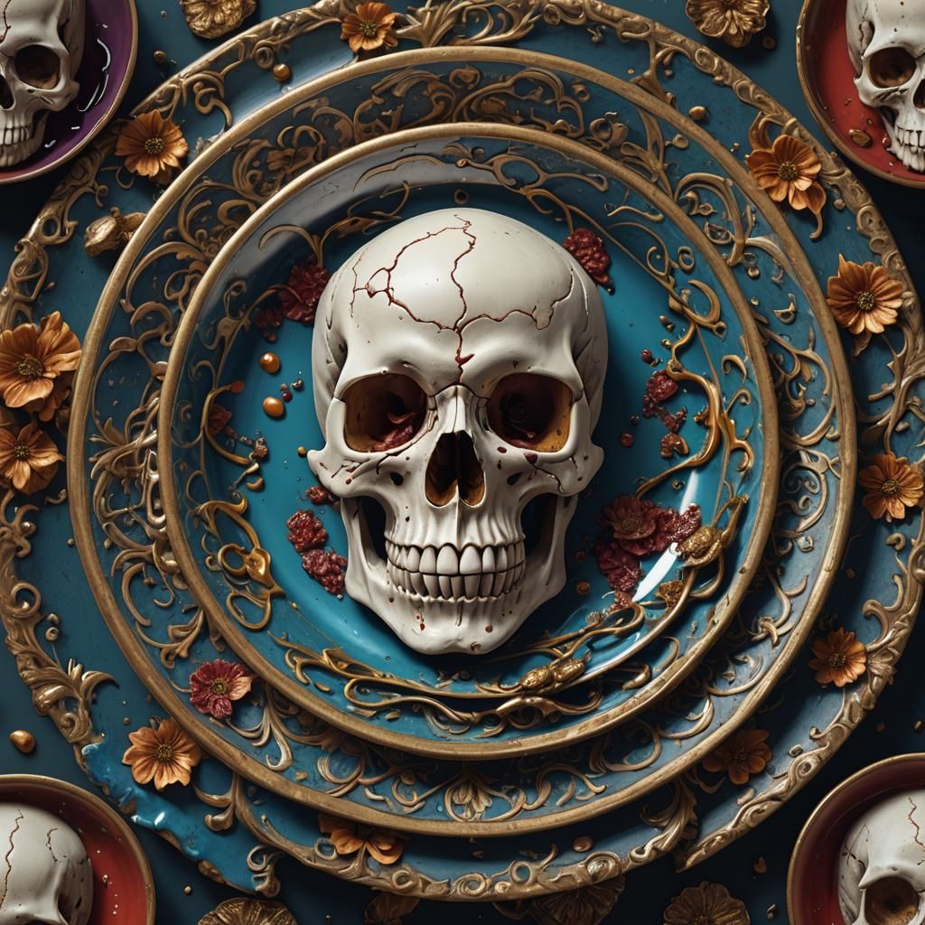 Detailed Skull in Dish: Matte Painting Style