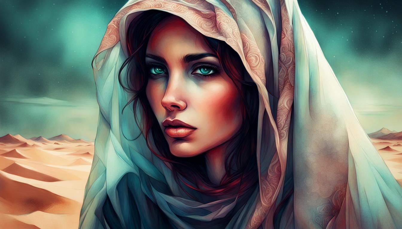 Bioluminescent Desert Woman in Comic Noir Style