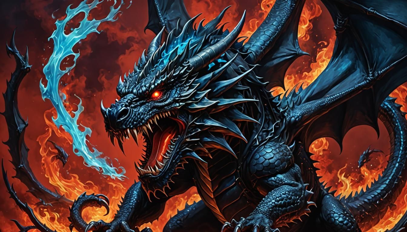 Black Dragon Unleashing Blue Fire on Red