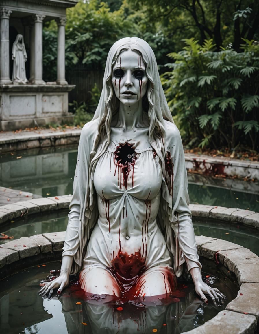 Bloody Sculpture of a Ghostly Woman with Dead Eyes